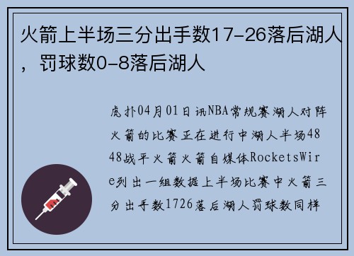 火箭上半场三分出手数17-26落后湖人，罚球数0-8落后湖人