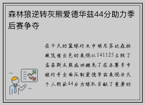 森林狼逆转灰熊爱德华兹44分助力季后赛争夺